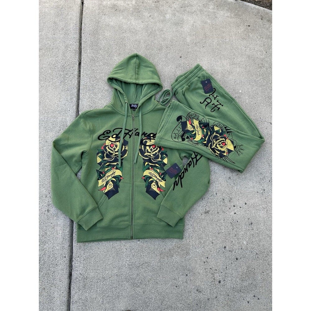 NEW! Ed Hardy New York Men Full Zip Hoodie And Sweatpants Set Army Green Size M